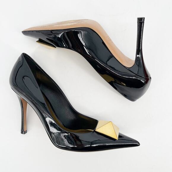 Valentino Garavani Black Patent Leather One Stud Pointed Toe Pump Heel EU 37 - Picture 5 of 14